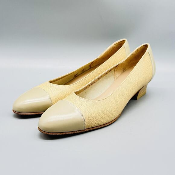 Salvatore Ferragamo Shoes Womens 8 Beige Slip On Pumps Cap Toe Low Heel Dress - Picture 4 of 13